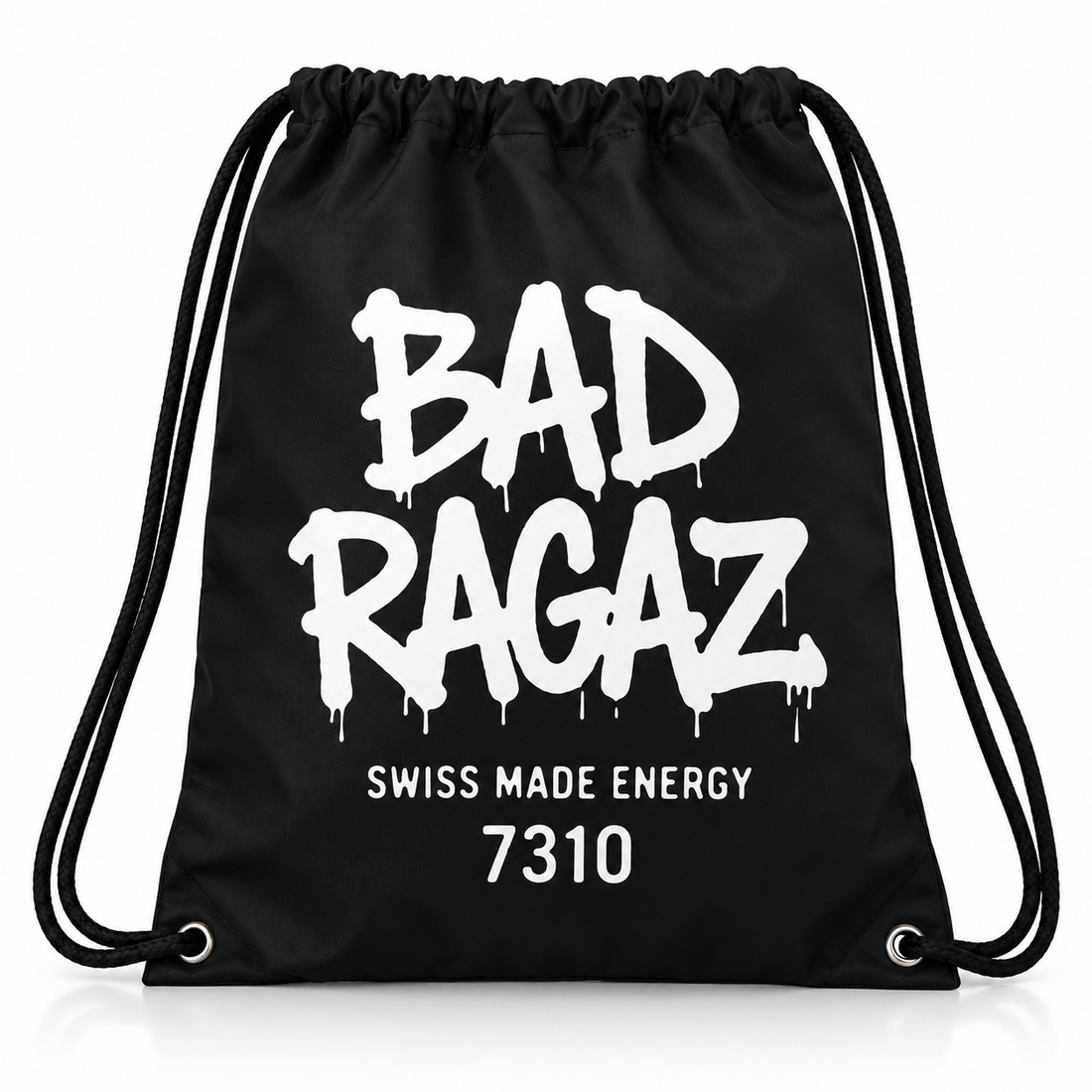 Mochila saco negra BAD RAGAZ Swiss Made Energy 7310 sobre fondo blanco