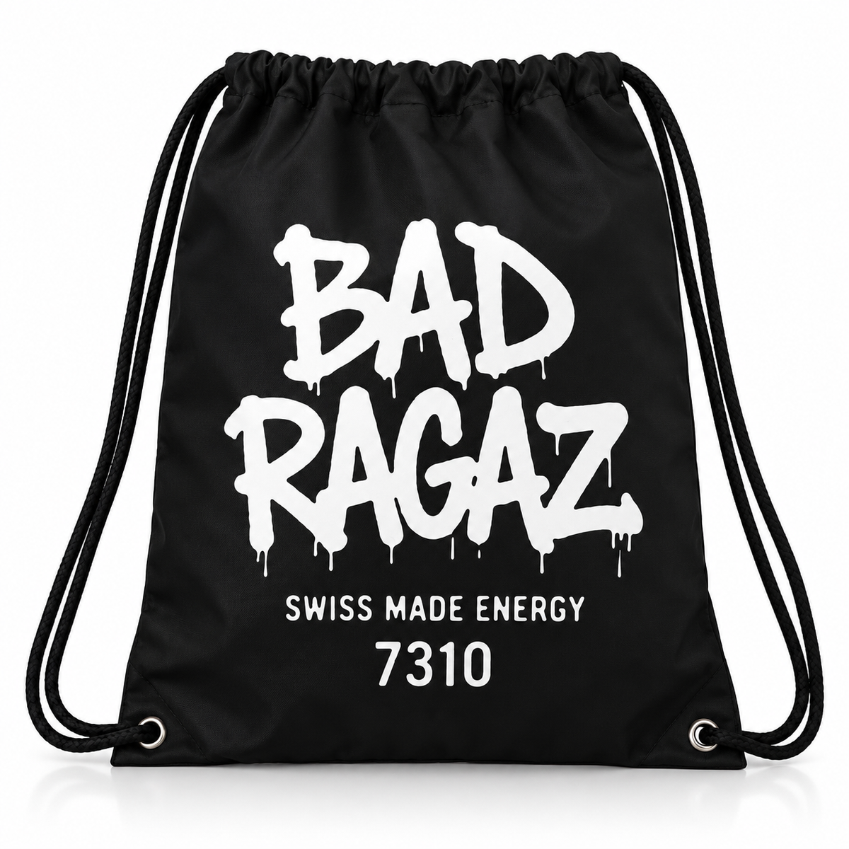 Mochila saco negra BAD RAGAZ Swiss Made Energy 7310 sobre fondo blanco