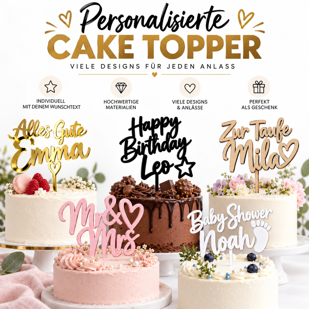 Personalisierte Cake Topper für Geburtstag, Taufe, Hochzeit und Baby Shower